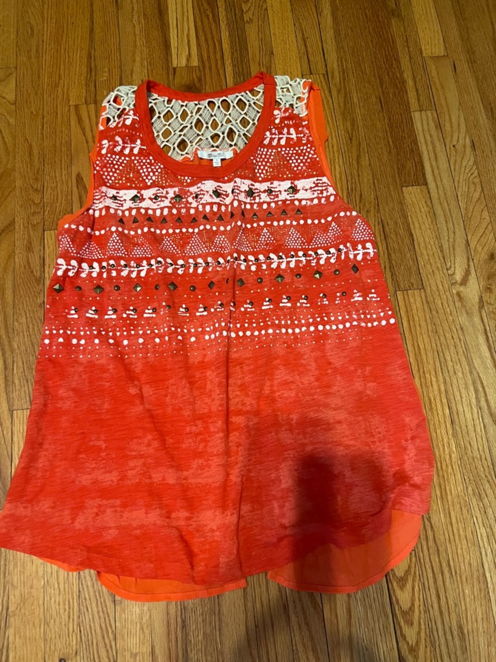 Miss Me Orange Printed Crochet-Back Tank top